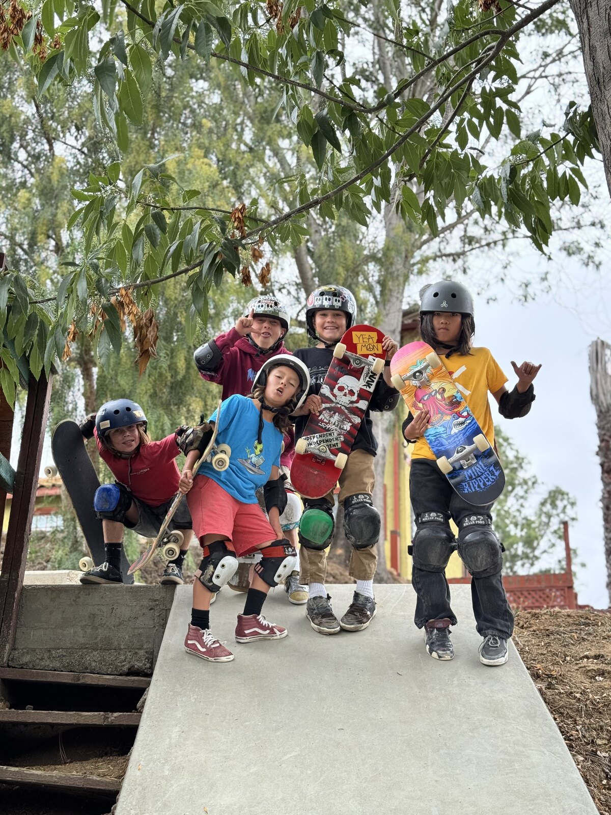 Young skaters sitting and standing together on a wooden ramp